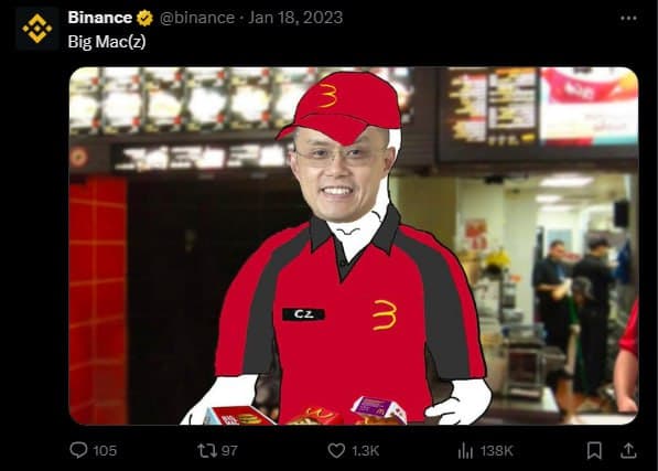 Binance post about CZ at McDonald's